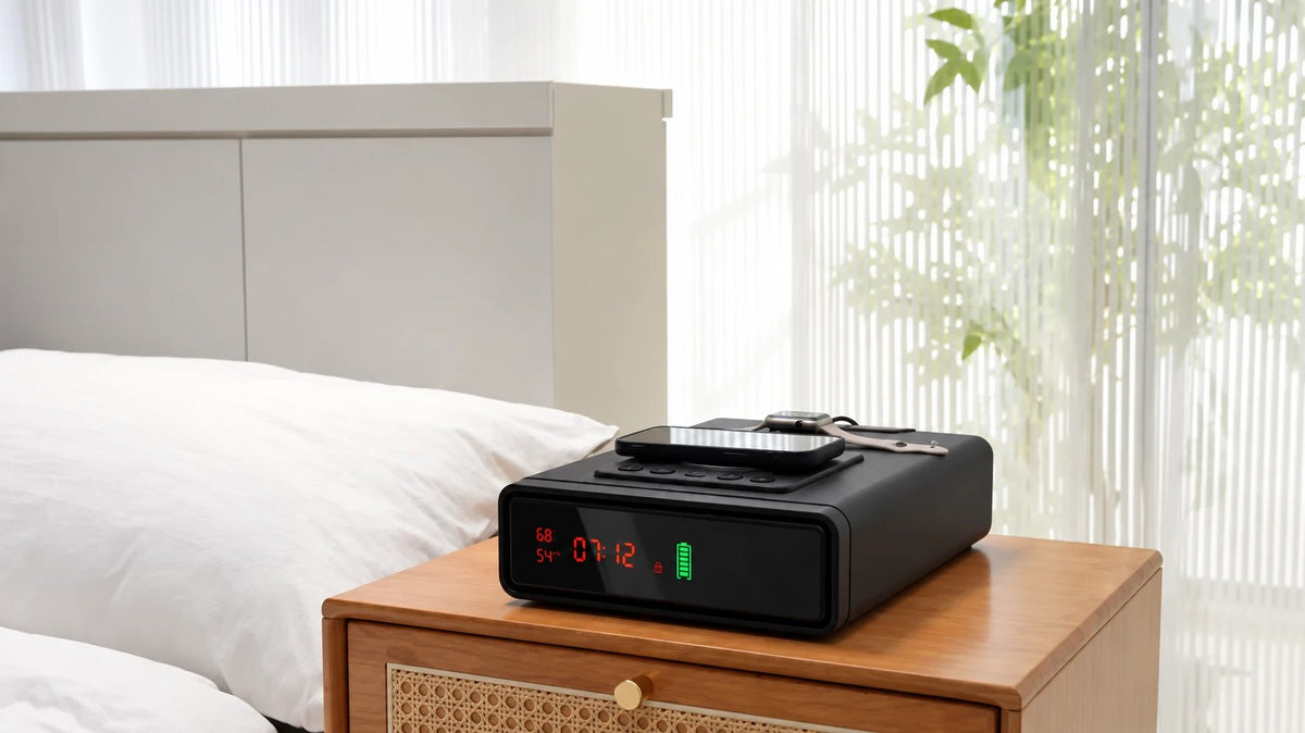 QUARTZ Biometric Alarm Clock Handgun Safe, on a bedside nightstand charging a phone and a watch