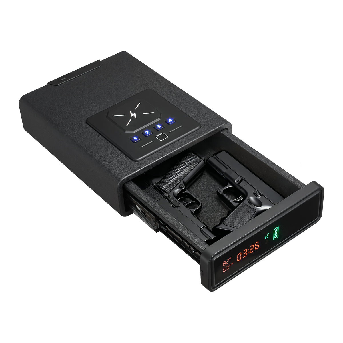 QUARTZ biometric drawer handgun safe, drawer open holding two pistols in foam