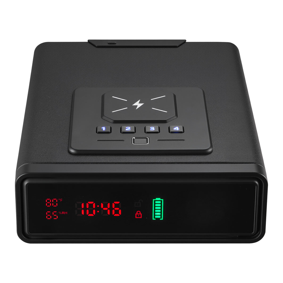 QUARTZ biometric drawer handgun safe, front view of the LCD screen with keypad and charging pad on top