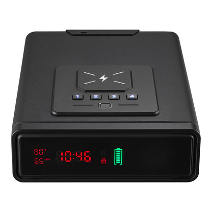 QUARTZ biometric drawer handgun safe, front view of the LCD screen with keypad and charging pad on top
