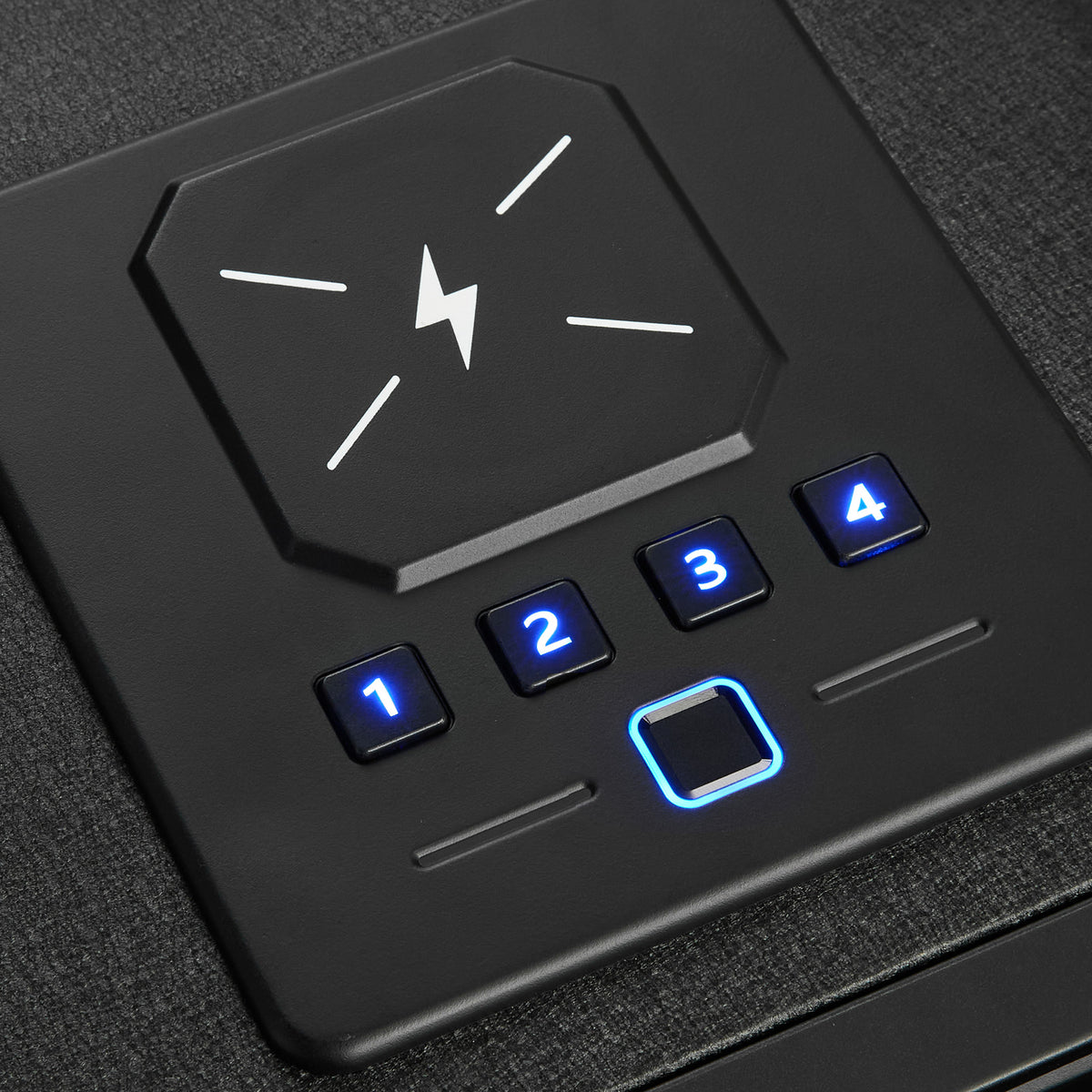 QUARTZ biometric drawer handgun safe, close-up of the backlit keypad and fingerprint reader