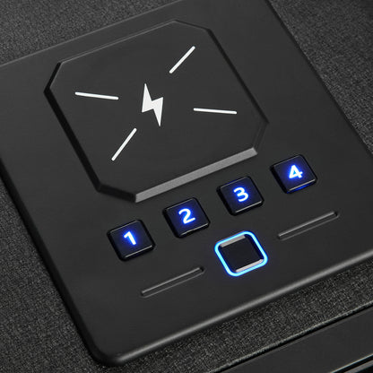 QUARTZ biometric drawer handgun safe, close-up of the backlit keypad and fingerprint reader