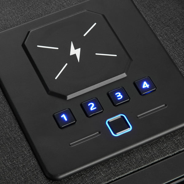 QUARTZ biometric drawer handgun safe, close-up of the backlit keypad and fingerprint reader