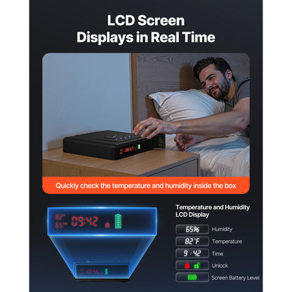QUARTZ biometric drawer handgun safe, LCD showing temperature, humidity, time, lock status and battery