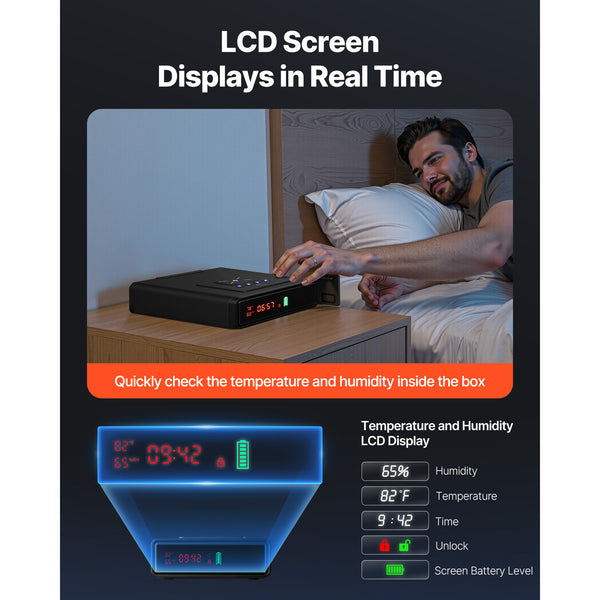 QUARTZ biometric drawer handgun safe, LCD showing temperature, humidity, time, lock status and battery