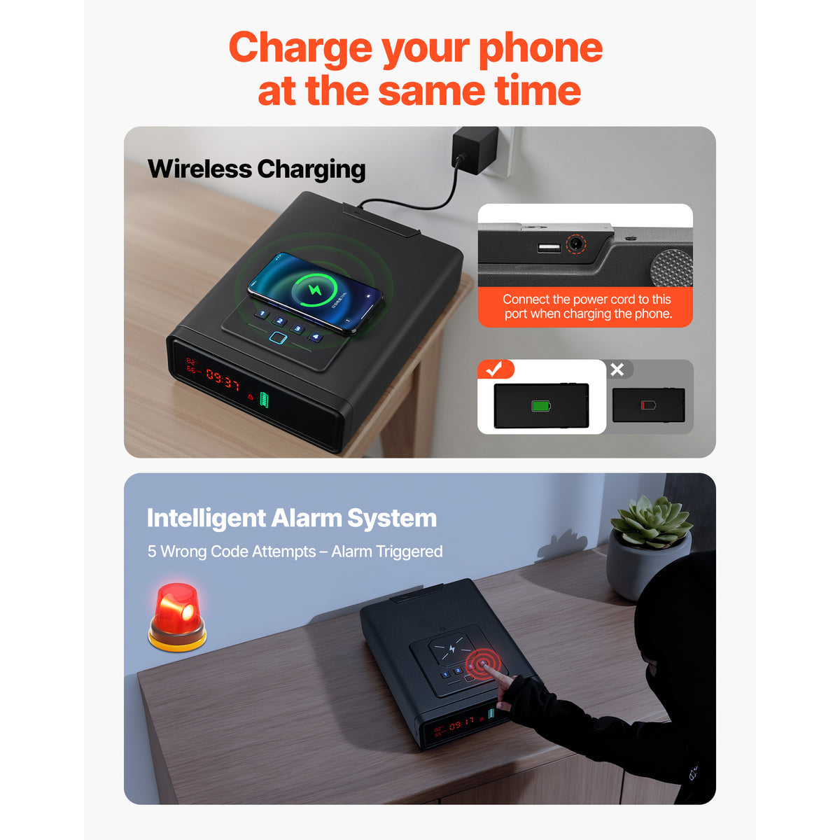 QUARTZ biometric drawer handgun safe, phone charging wirelessly on top and alarm after wrong codes