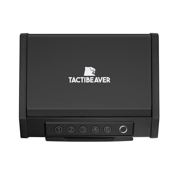 SHALE XL Biometric pistol safe with carry handle, closed, front view of the numbered keypad and fingerprint reader