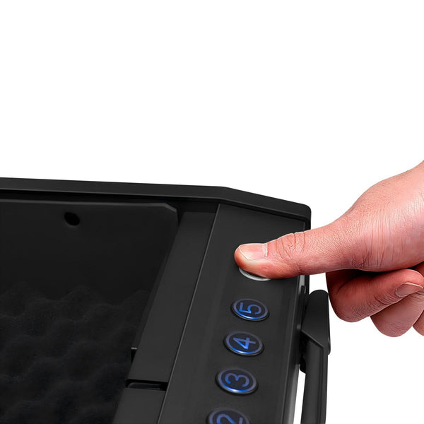 SHALE XL Biometric pistol safe with carry handle, a finger pressing a backlit key to open the foam-lined pistol safe