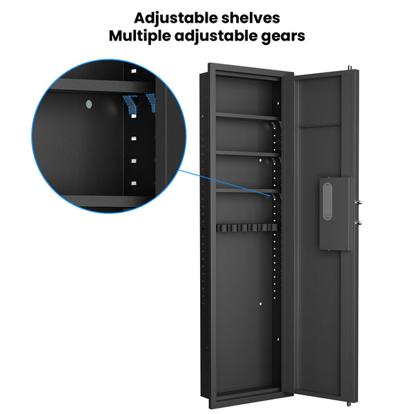SLATE Biometric wall gun safe in black, infographic showing the multiple adjustable shelf positions