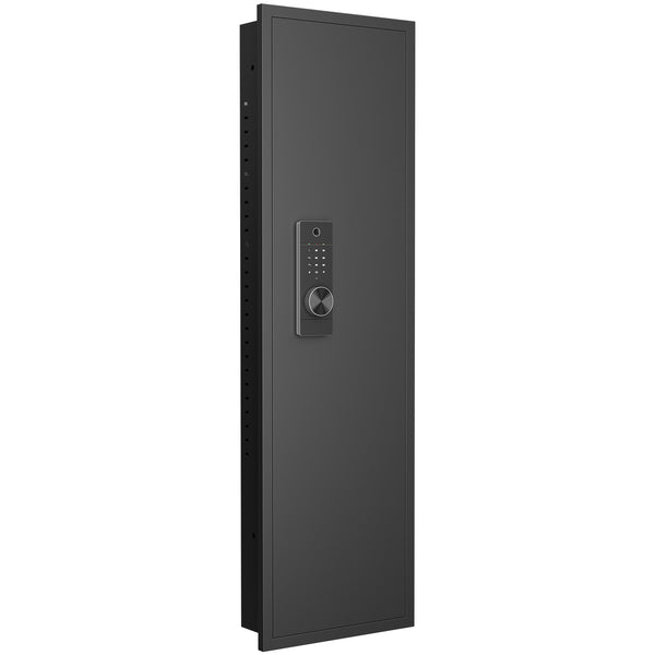 SLATE Biometric wall gun safe in black, closed, front three-quarter view of the in-wall cabinet with biometric keypad