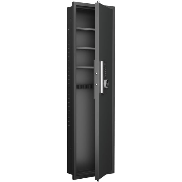 SLATE Biometric wall gun safe in black, open and empty, showing the adjustable steel shelves