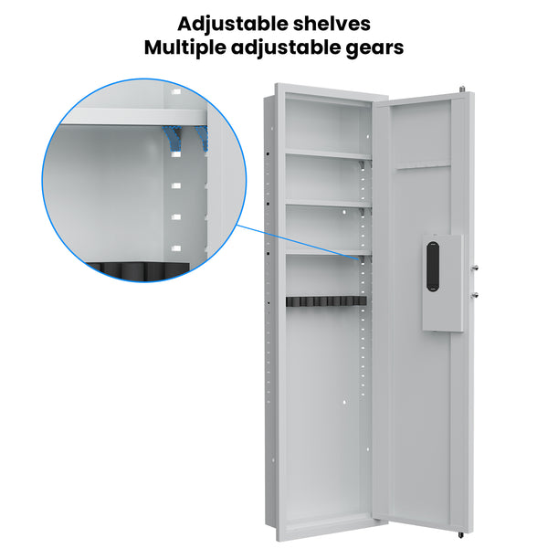 SLATE Biometric wall gun safe in white, infographic showing the multiple adjustable shelf positions