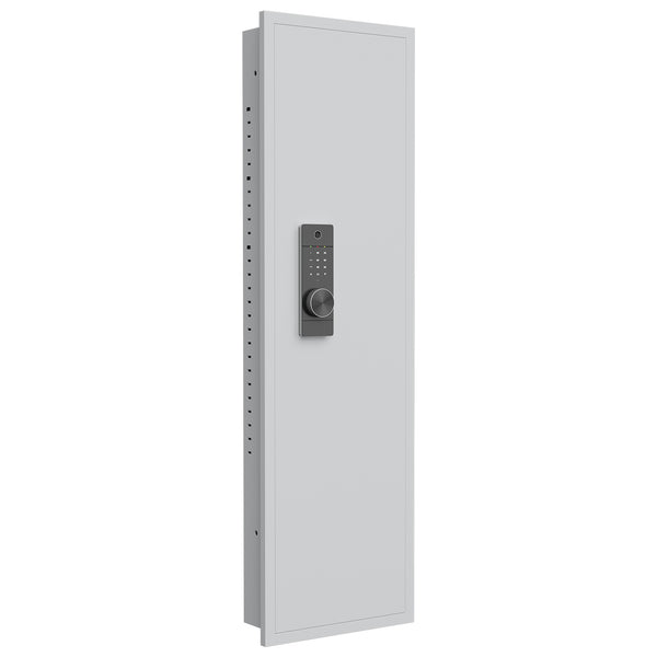SLATE Biometric wall gun safe in white, closed, front three-quarter view of the in-wall cabinet with biometric keypad