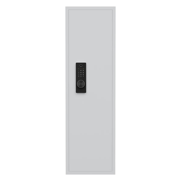 SLATE Biometric wall gun safe in white, closed, straight-on front view of the white in-wall door and keypad
