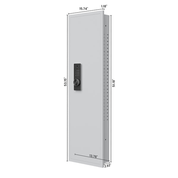 SLATE Biometric wall gun safe in white, dimension diagram of the in-wall body, door and stud-width footprint