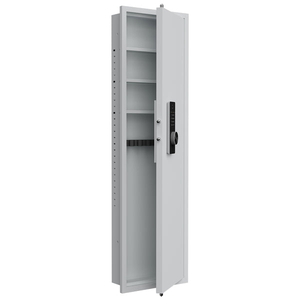 SLATE Biometric wall gun safe in white, open and empty, showing the adjustable steel shelves