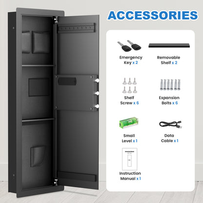 SLATE M in-wall gun safe in black, accessories: emergency keys, shelves, screws, bolts, level, cable