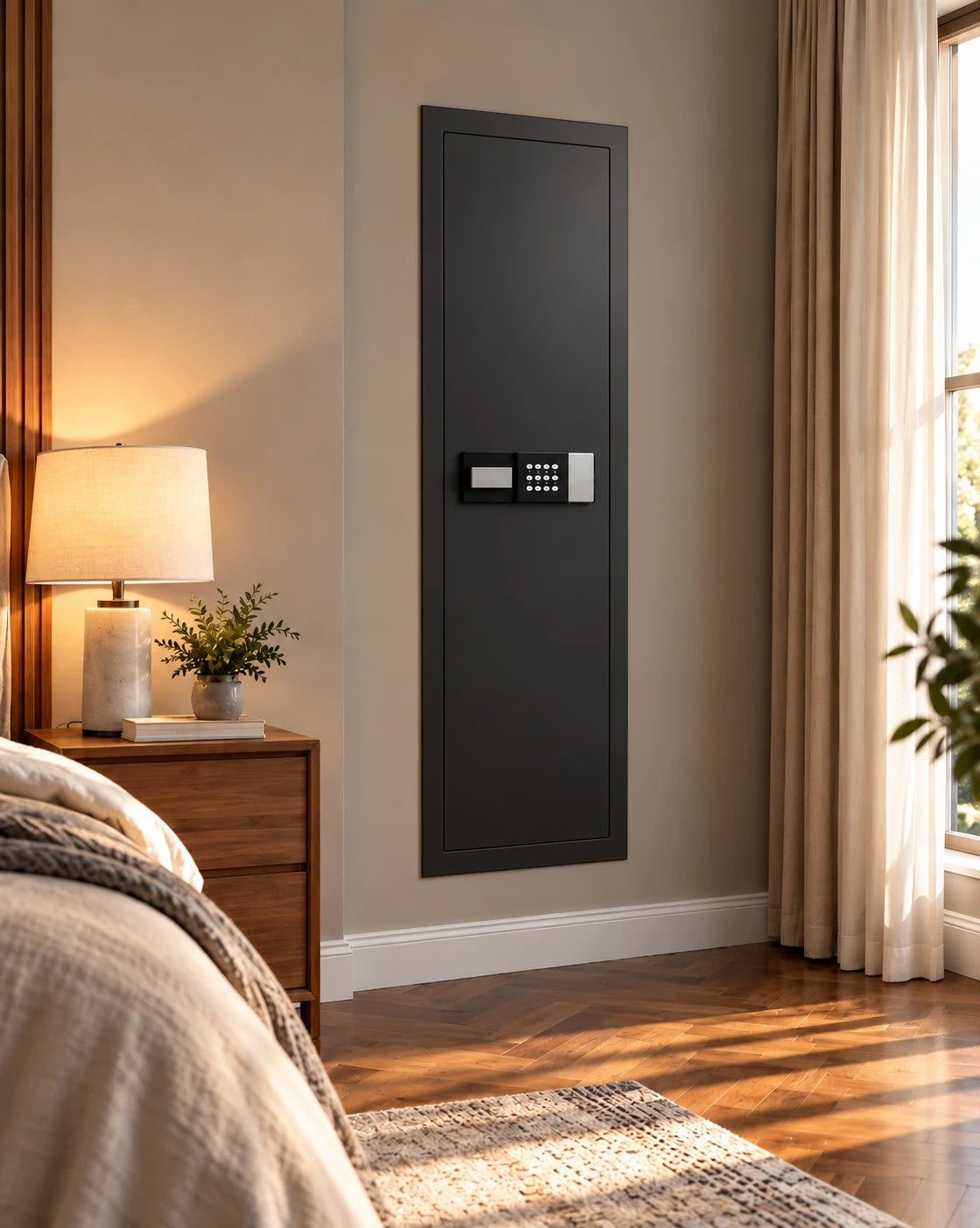 SLATE M in-wall gun safe in black, in a bedroom wall beside a nightstand and lamp