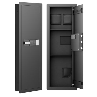 SLATE M in-wall gun safe in black, front view closed and open with shelves and pouches