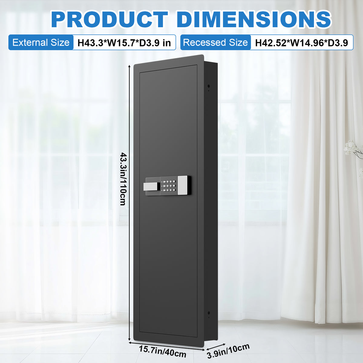 SLATE M in-wall gun safe in black, dimensions 43.3 x 15.7 x 3.9 in outside, 42.52 x 14.96 x 3.9 in recessed