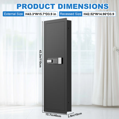SLATE M in-wall gun safe in black, dimensions 43.3 x 15.7 x 3.9 in outside, 42.52 x 14.96 x 3.9 in recessed