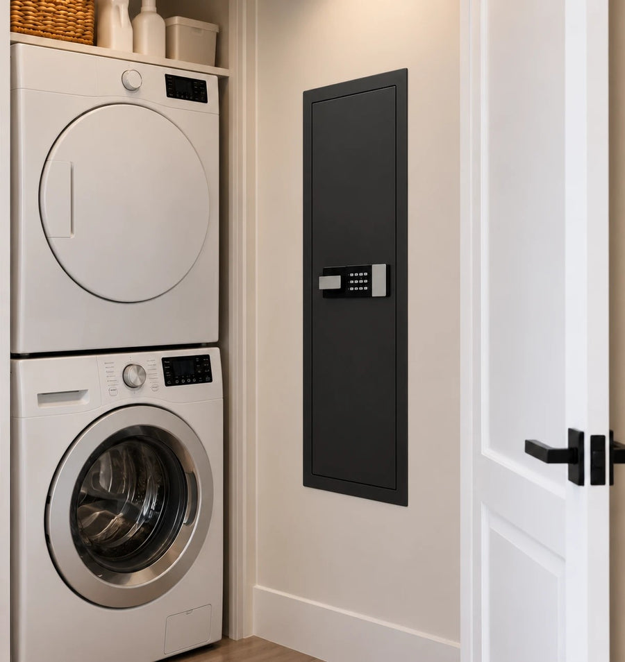 SLATE M in-wall gun safe in black, in a laundry-room wall next to a stacked washer and dryer