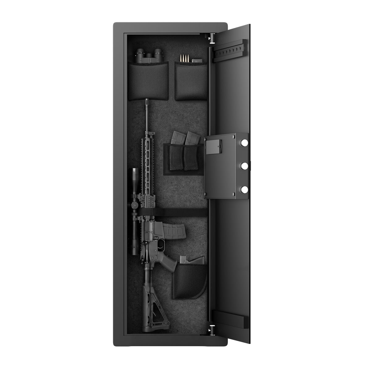 SLATE M in-wall gun safe in black, open with shelves removed, holding a rifle, pistols and magazines