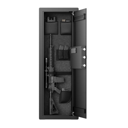 SLATE M in-wall gun safe in black, open with shelves removed, holding a rifle, pistols and magazines