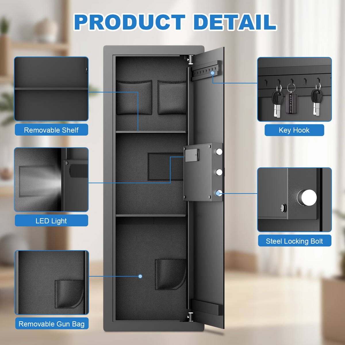 SLATE M in-wall gun safe in black, details: removable shelf, LED light, gun bag, key hooks, locking bolts