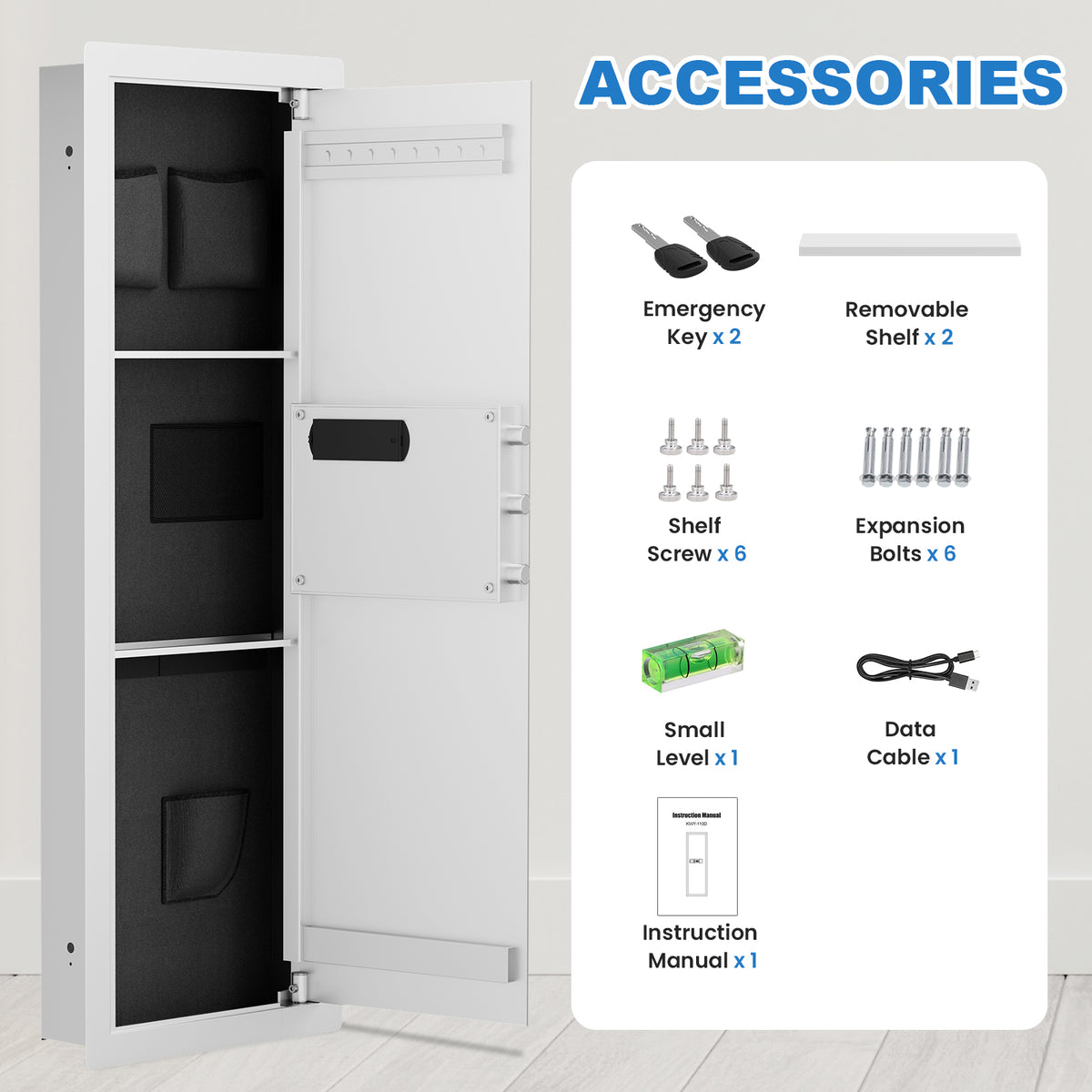 SLATE M in-wall gun safe in white, accessories: emergency keys, shelves, screws, bolts, level, cable