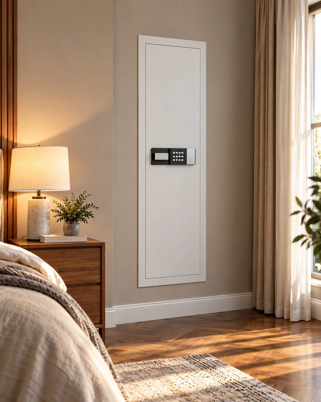 SLATE M in-wall gun safe in white, in a bedroom wall beside a nightstand and lamp