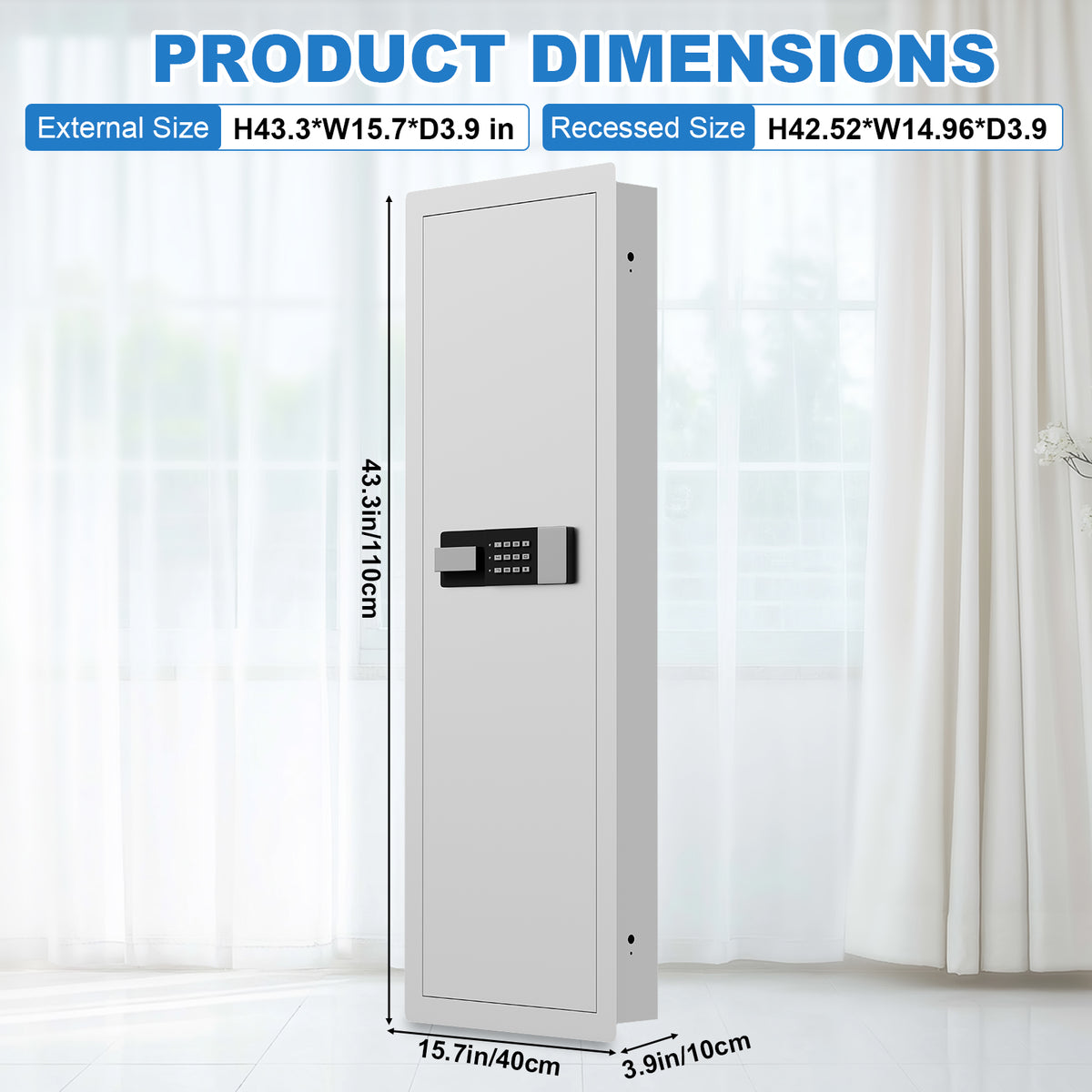 SLATE M in-wall gun safe in white, dimensions 43.3 x 15.7 x 3.9 in outside, 42.52 x 14.96 x 3.9 in recessed