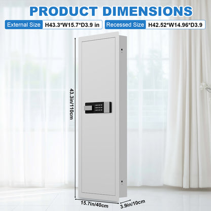 SLATE M in-wall gun safe in white, dimensions 43.3 x 15.7 x 3.9 in outside, 42.52 x 14.96 x 3.9 in recessed