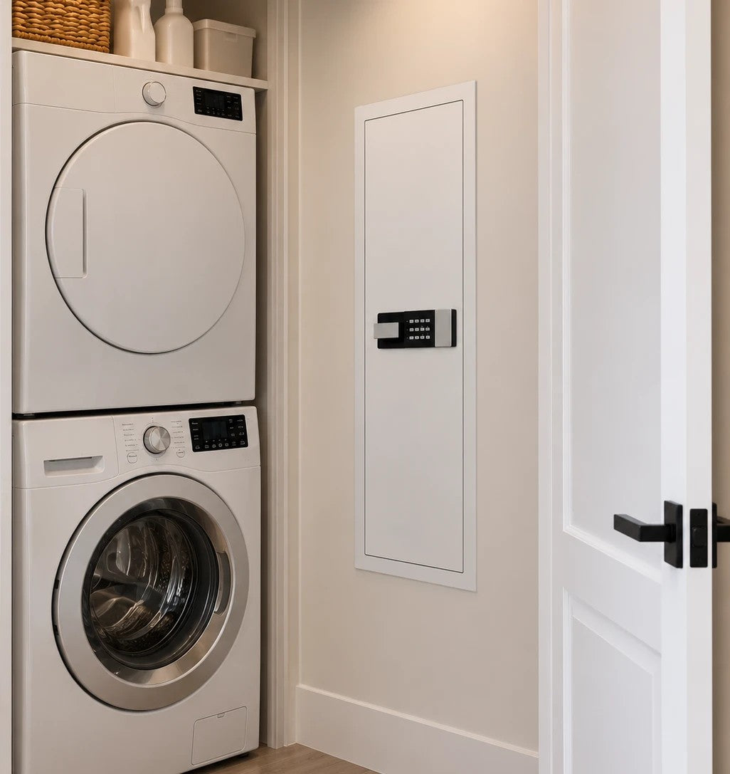 SLATE M in-wall gun safe in white, in a laundry-room wall next to a stacked washer and dryer