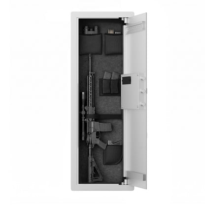 SLATE M in-wall gun safe in white, open with shelves removed, holding a rifle, pistols and magazines