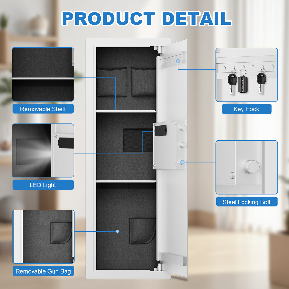 SLATE M in-wall gun safe in white, details: removable shelf, LED light, gun bag, key hooks, locking bolts