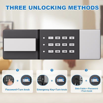 SLATE M in-wall gun safe in white, three ways to unlock: code, emergency key or USB power, plus turn knob