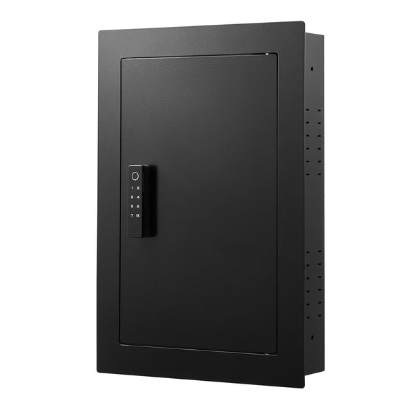 SLATE S biometric in-wall safe in black, closed, three-quarter view from the left showing the mounting flange