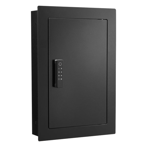 SLATE S biometric in-wall safe in black, closed, three-quarter view from the right