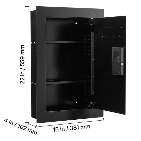 SLATE S biometric in-wall safe in black, open, measuring 22 x 15 x 4 inches