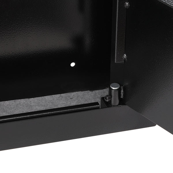 SLATE S biometric in-wall safe in black, close-up of the felt-lined floor and door hinge