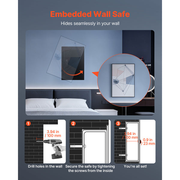 SLATE S biometric in-wall safe in black, installed in a bedroom wall and hidden behind a picture, three install steps