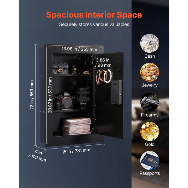 SLATE S biometric in-wall safe in black, interior 20.87 x 13.98 x 3.86 inches holding cash, jewelry, a handgun and passports