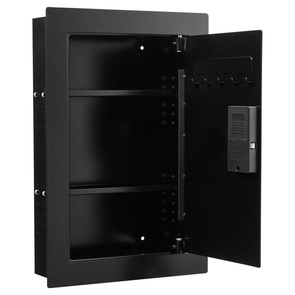 SLATE S biometric in-wall safe in black, door open, showing three tiers, two shelves and the key hooks