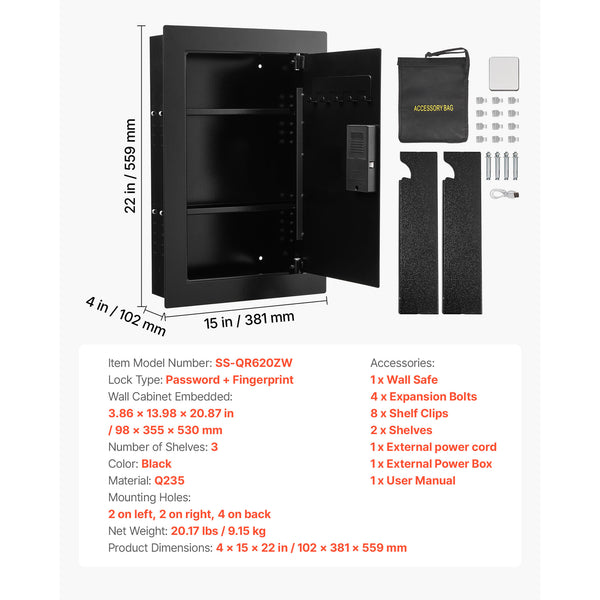 SLATE S biometric in-wall safe in black, what is in the box and specifications