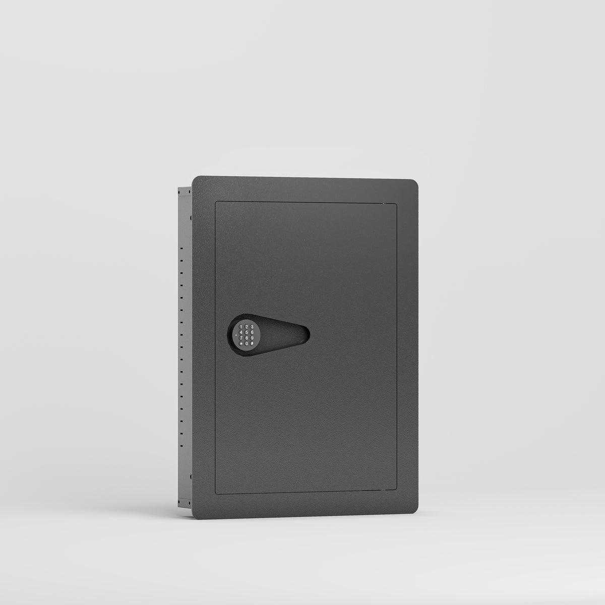 SLATE S in-wall safe in black, closed, front three-quarter view from the left of the small in-wall safe