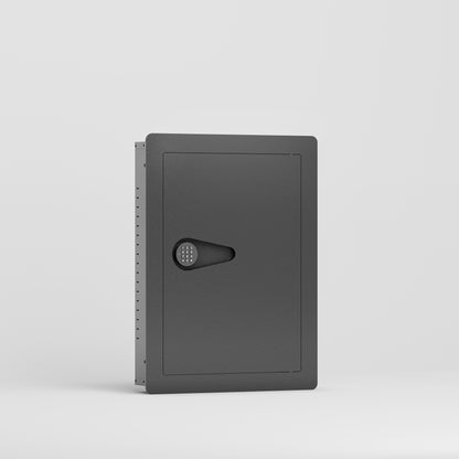 SLATE S in-wall safe in black, closed, front three-quarter view from the left of the small in-wall safe