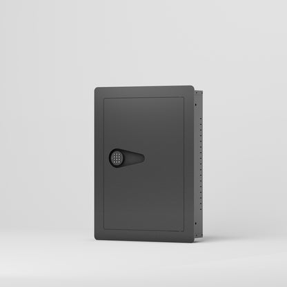 SLATE S in-wall safe in black, closed, front three-quarter view from the right of the small in-wall safe