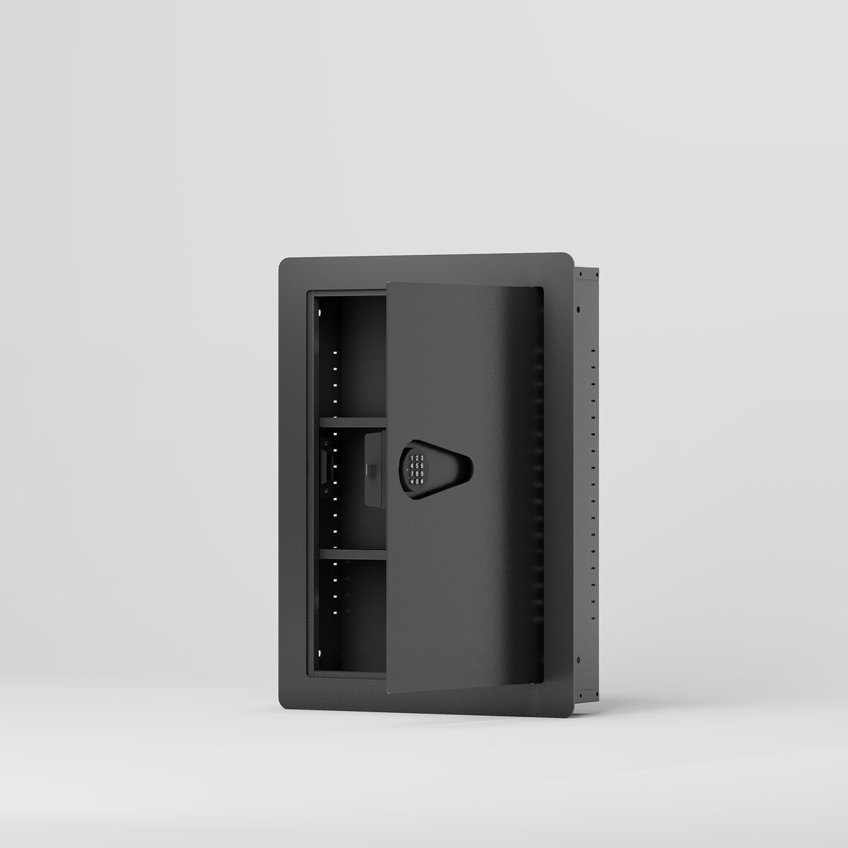 SLATE S in-wall safe in black, open with the door flat, showing the shelves and key hooks