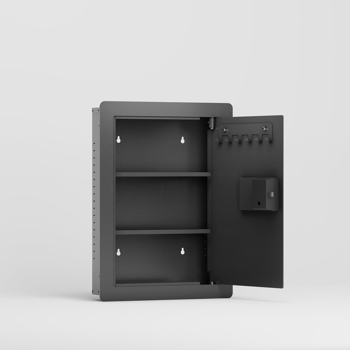 SLATE S in-wall safe in black, open wide, showing the full shelf layout inside the in-wall body